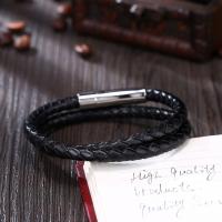Leather Bracelet, with Titanium Steel, silver color plated, Double Layer & braided bracelet & for man, black 