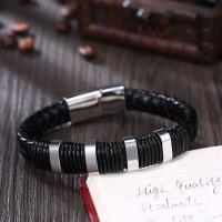 Leather Bracelet, with Titanium Steel, silver color plated, braided bracelet & for man, black 