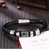 PU Leather Bracelet, with Stainless Steel, silver color plated, braided bracelet & for man, black 