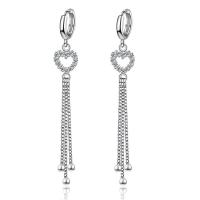 Fashion Fringe Earrings, Brass, Heart, micro pave cubic zirconia & for woman, silver color, 68mm 