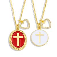 Cubic Zircon Micro Pave Brass Necklace, Round, With Pendant & with cross pattern & micro pave cubic zirconia & for woman & enamel cm 