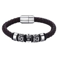 Titanium Steel Bracelet, with PU Leather, Skull, silver color plated, braided bracelet & for man, brown, 8mm 