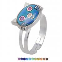 Mood Finger Ring, Zinc Alloy, with Epoxy Sticker, Cat, for woman & change their color according to the temperature & enamel, mixed colors, 17mm 