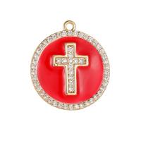 Cubic Zirconia Micro Pave Brass Pendant, Flat Round, gold color plated, with cross pattern & micro pave cubic zirconia & enamel 