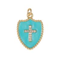 Cubic Zirconia Micro Pave Brass Pendant, Shield, gold color plated, with cross pattern & micro pave cubic zirconia & enamel 