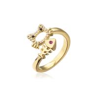 Brass Cuff Finger Ring, Cat and Fish, 18K gold plated, Adjustable & micro pave cubic zirconia, 18mm 