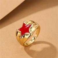 Brass Finger Ring, 18K gold plated, Adjustable & with star pattern & enamel 17-20mm 