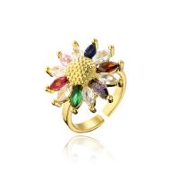 Cubic Zirconia Micro Pave Brass Finger Ring, Sunflower, 18K gold plated, Adjustable & micro pave cubic zirconia, multi-colored, 17-19mm 