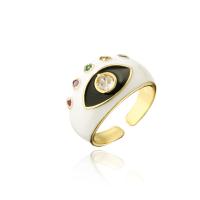 Brass Cuff Finger Ring, 18K gold plated, Adjustable & with eye pattern & micro pave cubic zirconia & enamel 