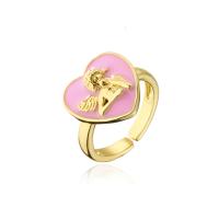 Brass Finger Ring, Heart, 18K gold plated, Adjustable & enamel 18mm 