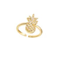 Cubic Zirconia Micro Pave Brass Finger Ring, Pineapple, 18K gold plated, Adjustable & micro pave cubic zirconia & hollow 