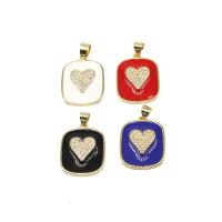 Enamel Brass Pendants, Square, with heart pattern & micro pave cubic zirconia 