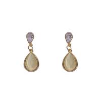 Cats Eye Earring, Zinc Alloy, with Cubic Zirconia & Cats Eye, 925 thailand sterling silver post pin, Teardrop, gold color plated, for woman, golden 