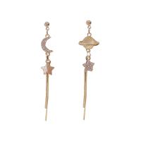 Asymmetric Earrings, Zinc Alloy, with Cats Eye & Rhinestone, 925 thailand sterling silver post pin, Moon and Star, gold color plated, for woman, golden 
