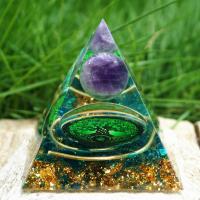 Resin Pyramid Decoration, with Natural Gravel & Gold Foil & brass wire & Amethyst, epoxy gel, 60mm 