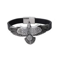 PU Leather Bracelet, with Stainless Steel, Eagle, silver color plated, woven pattern & for man, black 