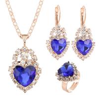 Crystal Jewelry Sets, Zinc Alloy, finger ring & earring & necklace, with Crystal, Heart, plated, 3 pieces & for woman & with rhinestone 18*40mm,18mm Approx 16.54 Inch 