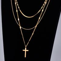 Fashion Multi Layer Necklace, 316L Stainless Steel, Cross, gold color plated, three layers & herringbone chain & ball chain & for woman, golden Approx 40 cm 