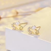 Cubic Zirconia Micro Pave Brass Earring, with Plastic Pearl, Safety Pin, plated, for woman & with cubic zirconia, golden 