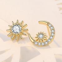 Brass Asymmetric Stud Earrings, Moon and Star, plated, for woman & with cubic zirconia 9mm 