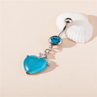 Stainless Steel Belly Ring, with Cats Eye, Heart, silver color plated, for woman & with cubic zirconia, blue 
