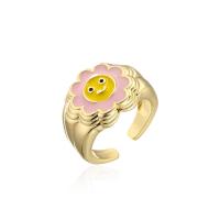 Brass Cuff Finger Ring, Flower, 18K gold plated, Adjustable & for woman & enamel 18mm 