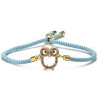 Cubic Zirconia Micro Pave Brass Bracelet, with Cotton Cord, Owl, gold color plated, Adjustable & micro pave cubic zirconia & for woman & hollow, blue, 16mm Approx 7.6 Inch 