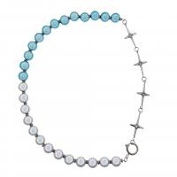 Titanium Steel Jewelry Necklace, with Plastic Pearl, Cross, silver color plated, Unisex, blue Approx 45 cm 