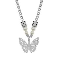 Titanium Steel Jewelry Necklace, with Plastic Pearl, with 5cm extender chain, Butterfly, polished, Unisex & curb chain, silver color Approx 50 