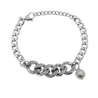 Titanium Steel Bracelet & Bangle, with Rhinestone & Plastic Pearl, with 5cm extender chain, silver color plated, Unisex & curb chain, silver color Approx 17 cm 