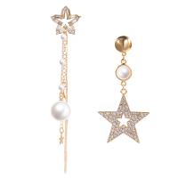 asymmetrische Ohrringe, Zinklegierung, mit Kunststoff Perlen, Stern, goldfarben plattiert, Micro pave Zirkonia & für Frau, 6.2cm,11.5cm, verkauft von Paar