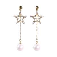 Rhinestone Brass Drop Earring, with Plastic Pearl, Star, gold color plated, for woman & with rhinestone, 60mm 