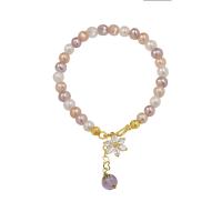 Cultured Freshwater Pearl Brass Bracelet, with Amethyst & Brass, gold color plated, for woman & with cubic zirconia, multi-colored 