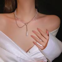 Quartz Necklace, Zinc Alloy, with Rose Quartz & Plastic Pearl, silver color plated, Double Layer & for woman, pink 