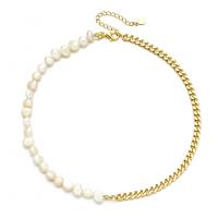 Freshwater Pearl Brass Necklace, with Freshwater Pearl, 14K gold plated, patchwork & curb chain & for woman, golden 