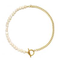 Freshwater Pearl Brass Necklace, with Freshwater Pearl, 14K gold plated, curb chain & for woman 5mm Approx 37 cm 
