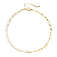 Freshwater Pearl Brass Necklace, with Freshwater Pearl, with 5cm extender chain, 14K gold plated, patchwork & rolo chain & for woman, golden, 5mm Approx 37 cm 