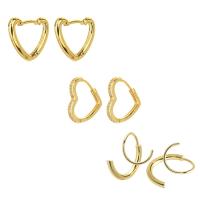 Brass Earring Set, earring, 14K gold plated, three pieces & for woman & with cubic zirconia, golden, 15mm 