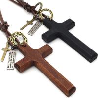 Wood Necklace, leather cord, with Wood & Zinc Alloy, Cross, gold color plated, Length Adjustable & Unisex Approx 40 cm 