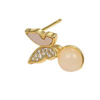 Cubic Zirconia Micro Pave Brass Earring, with White Shell, Butterfly, gold color plated, micro pave cubic zirconia, 16mm 