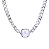 Titanium Steel Jewelry Necklace, with Plastic Pearl, Geometrical Pattern, polished, Unisex & curb chain, silver color Approx 60 cm 