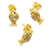 Cubic Zirconia Micro Pave Brass Earring, Fish, micro pave cubic zirconia & for woman, golden 