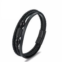 PU Leather Bracelet, with Stainless Steel, gun black plated, three layers & braided bracelet & for man, black, 3mm Approx 21.5 cm 