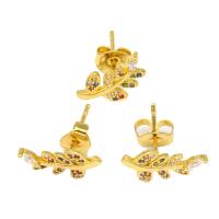 Cubic Zirconia Micro Pave Brass Earring, Leaf, micro pave cubic zirconia & for woman, golden 