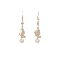 Plastic Pearl Zinc Alloy Earring, with Cubic Zirconia & Rhinestone & Plastic Pearl, brass earring hook, Butterfly, gold color plated, for woman 