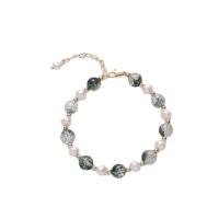 Kristall Perlen Armbänder, Zinklegierung, mit Natürliche kultivierte Süßwasserperlen & Kristall, goldfarben plattiert, für Frau, weiß, 5mm, Länge:ca. 20 cm, verkauft von PC