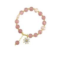 Quartz Bracelets, Strawberry Quartz, with Cubic Zirconia & Freshwater Pearl & Zinc Alloy, Flower, gold color plated, Length Adjustable & for woman, light pink Approx 20 cm 