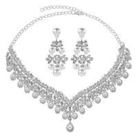 Rhinestone Zinc Alloy Jewelry Set, earring & necklace, with Plastic Pearl, plated, 2 pieces & for woman & with rhinestone, 60mm Approx 19.68 Inch 