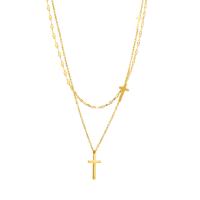Stainless Steel Jewelry Necklace, with 2.36inch extender chain, Cross, gold color plated, Double Layer & for woman, 20mm .14 Inch 