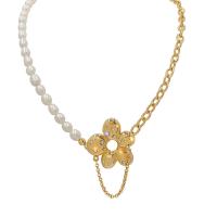 Natural Freshwater Pearl Necklace, Zinc Alloy, with Freshwater Pearl & Rhinestone, Flower, gold color plated & for woman, gold Approx 46 cm 
